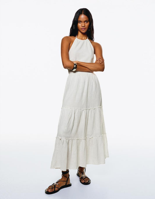 Vestido Midi cuello halter volantes