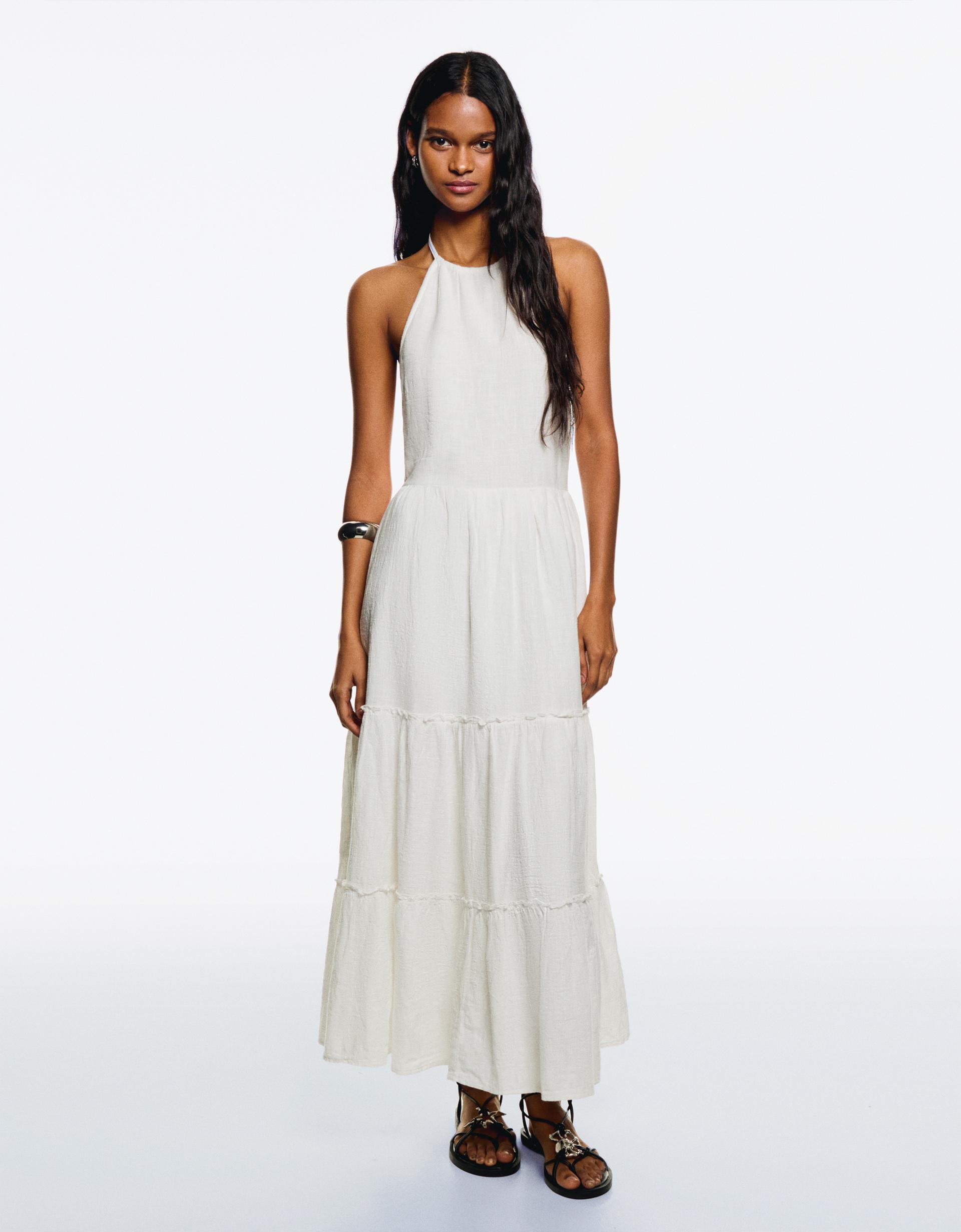 Vestido Midi cuello halter volantes - Bershka