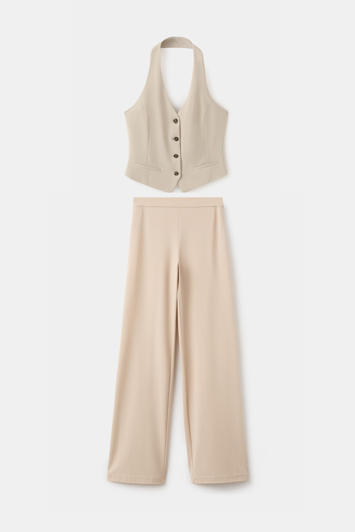 CONJUNTO PANTALON / CHALECO CUELLO HALTER BOTONES